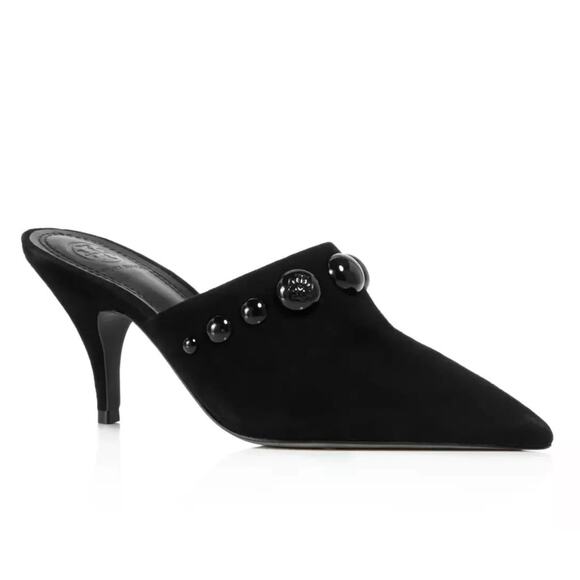 Check out TORY BURCH Georgina Mule Black Suede Pointed Toe  TORY BURCH Georgina Mule Black Suede Pointed Toe Studded Slim Heel Slip On 6.5 M